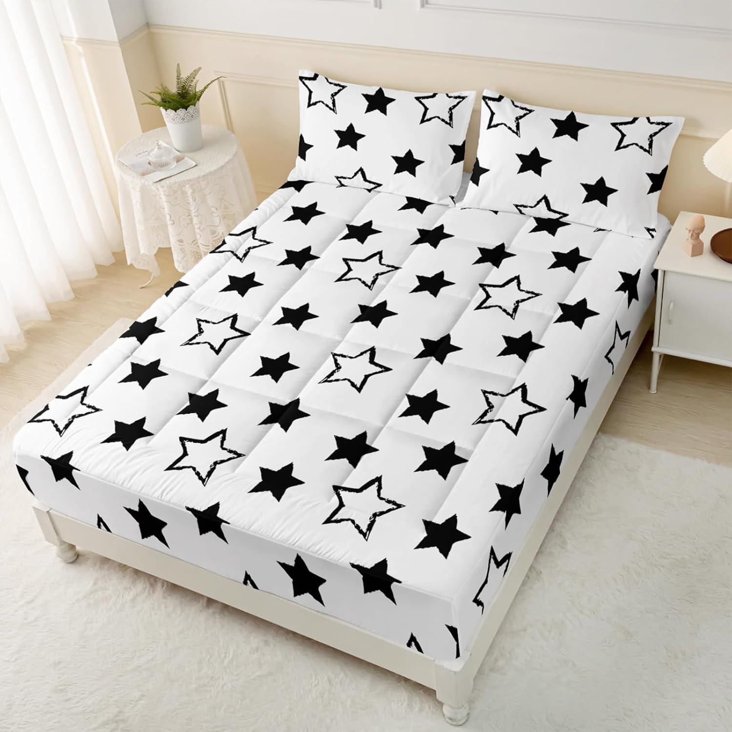Axolotl Black and White Stars King Mattress Pad,Top Mattress Cover Quilted Fitted Mattress Protector 16" Deep Pocket Mattress Pad for Kids Girls Boys Teens,1 Mattress Pad 2 Pillowcasess,78X80 Inches