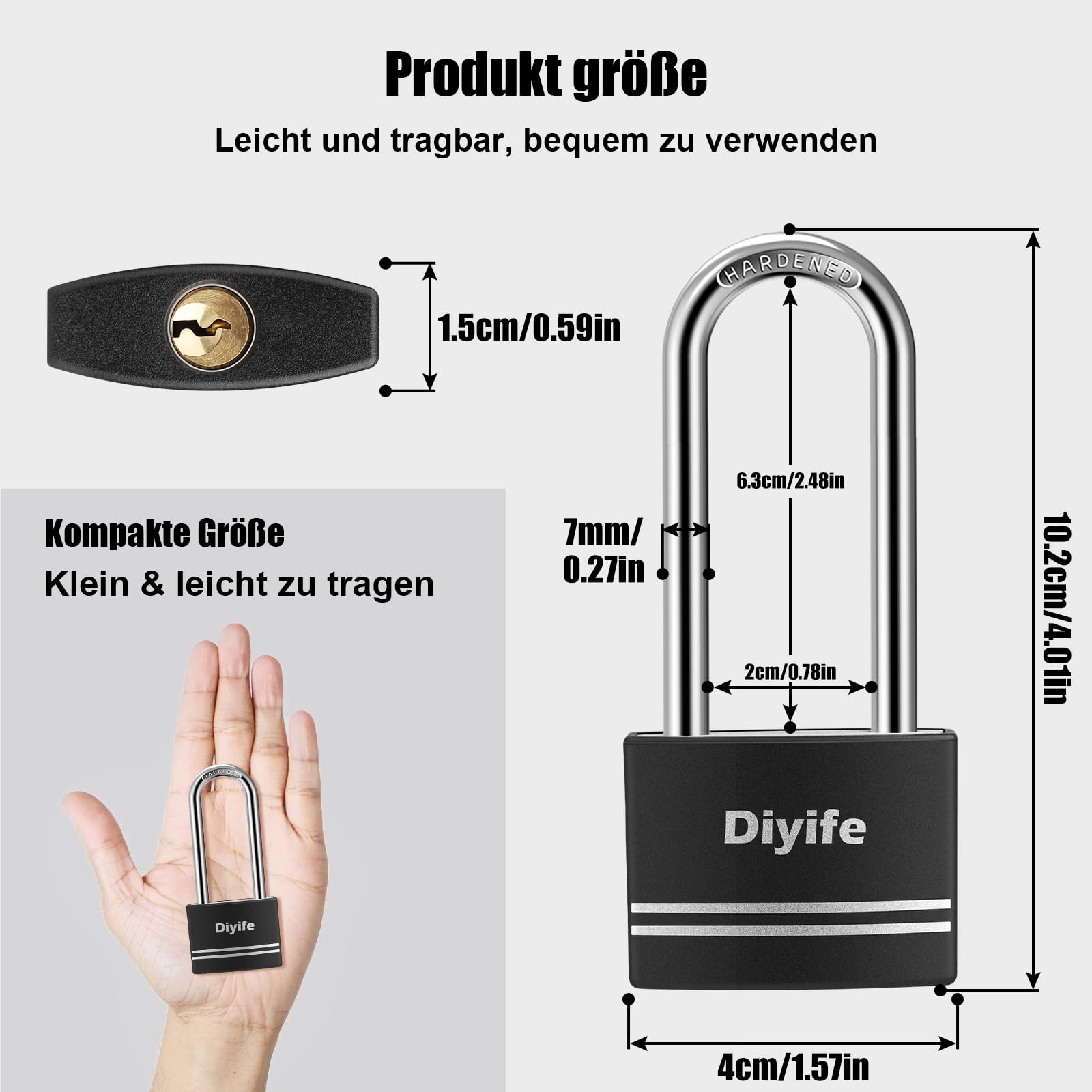 Diyife kłódka aluminiowa, 40 mm, wodoszczelna, 2 sztuki, 4 zamki na klucze z uchwytem o długości 63 mm, do szafek szkolnych, hal gimnastycznych, skrzynek na narzędzia, bagażu podróżnego, walizek