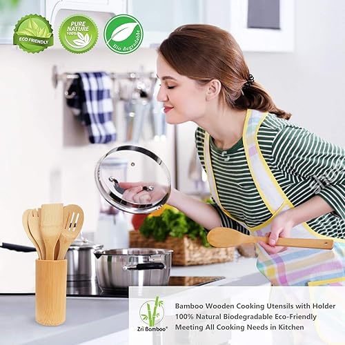 Miniatura 2 de Juego de cucharas y espátulas de madera de bambú 6 piezas de utensilios de cocina y 1 soporte resistente al calor para utensilios de cocina