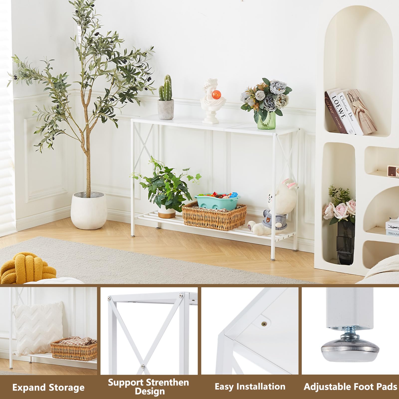 Wimarsbon Sofa Tables, 41.9" Entryway Table with Metal Frame, Narrow Console Entrance Table with Shelf for Hallway, Living Room, Foyer, Corridor, Office (White Faux Marble + White Frame)