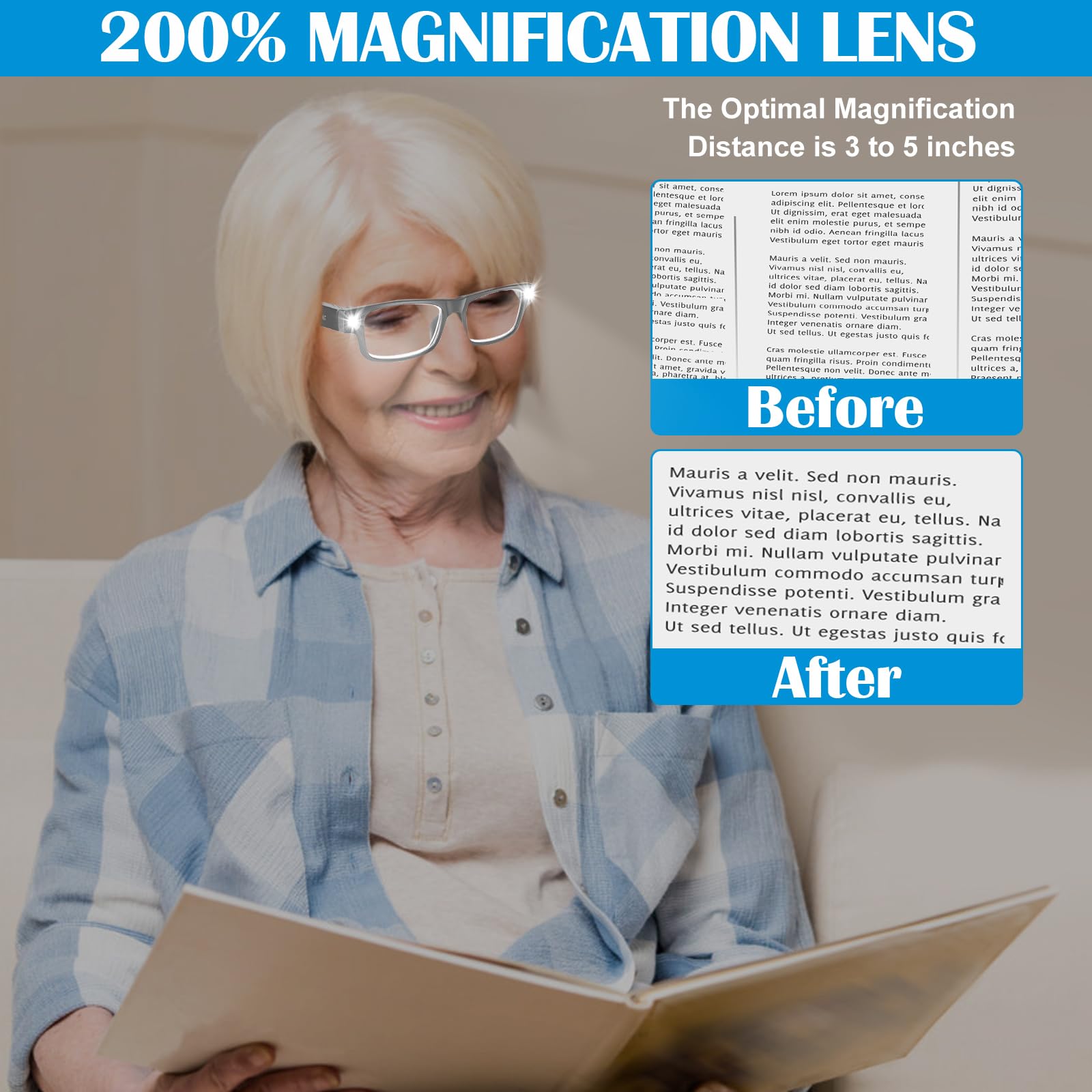 Lupa 200% con luz, recargable por USB, con luz LED, manos libres, para trabajos cercanos, pasatiempos, lectura, manualidades, joyería, costura