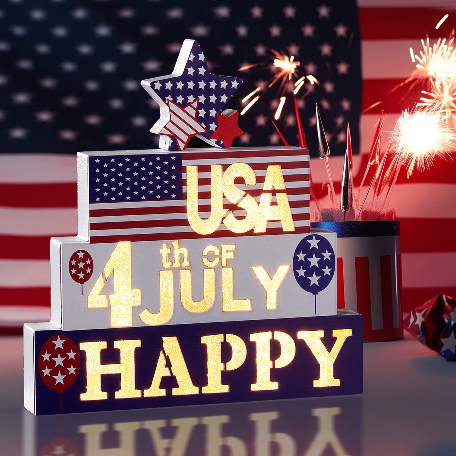 WBao4th of July Decorations, Patriotic LED Lighted Wooden Sign with 3D Letters & Timer, Battery Powered Rustic Farmhouse Blocks for Porch, Yard, Table, Mantel, Memorial Day July 4th Party Decor