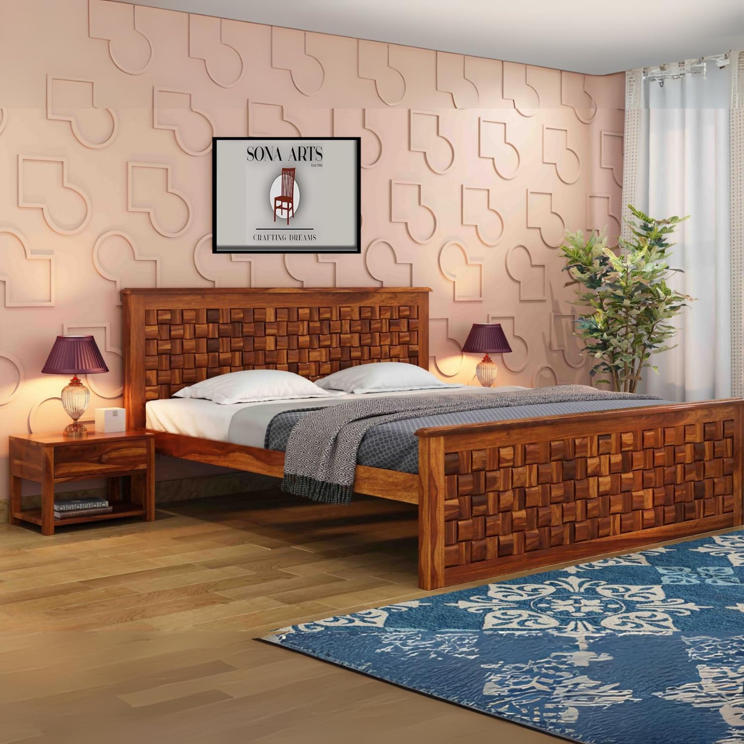 Sona Art And Crafts Sheesham Wood Queen Size Bed Without