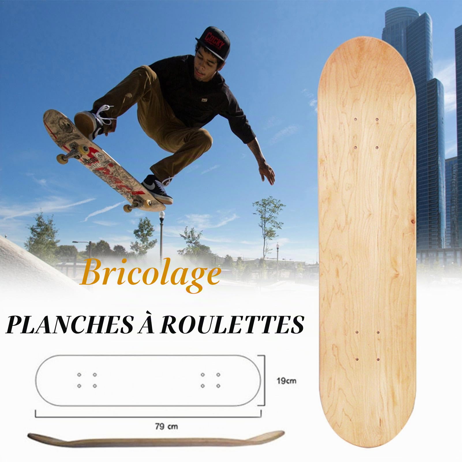 Planche à roulettes professionnelle Blank en bois d'érable, 8 pouces, 8 couches, érable brut, double concave, planche à route, planche à skate brute avec concave moyenne- adulte garçon