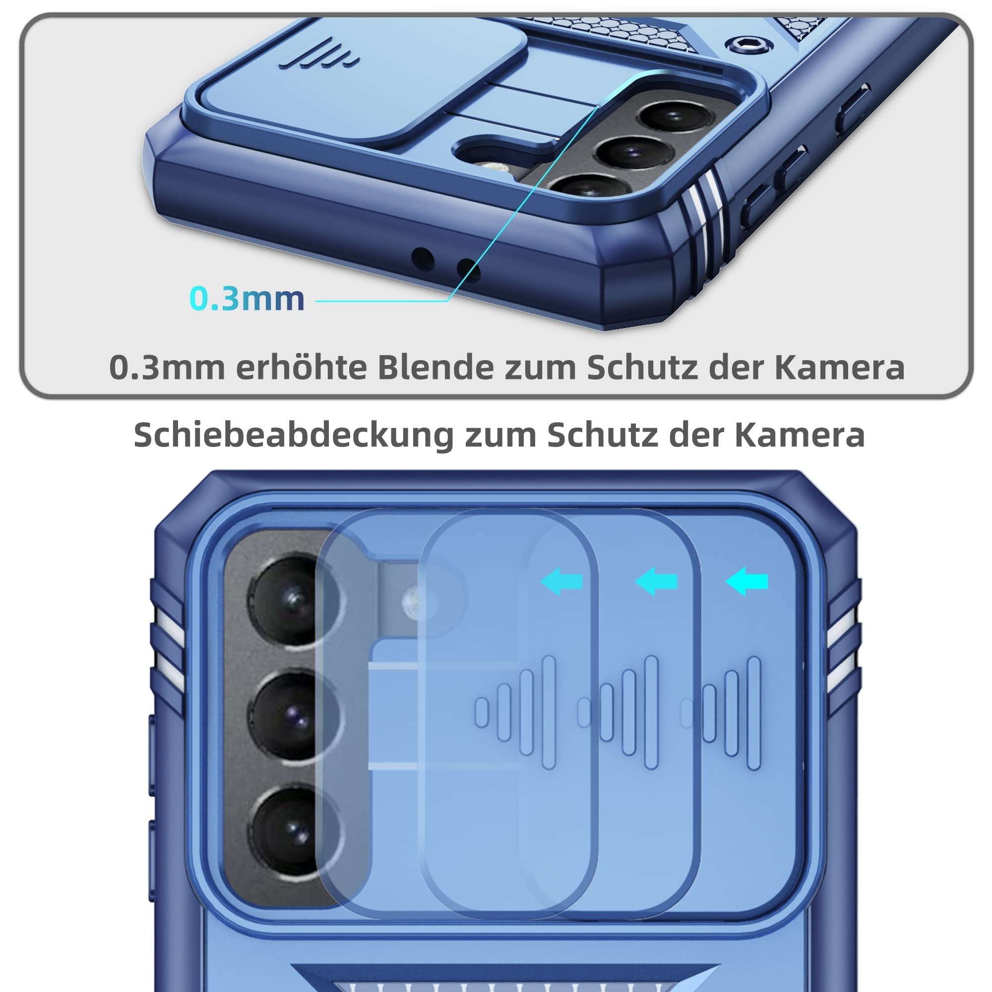 Militare Antiurto Samsung Galaxy S21 5G/4G Cover con Scudo Della Fotocamera, Cavalletto Girevole 360 e PC Bumper Protettiva Custodia Indistruttibile Cover per Samsung S21, Blu