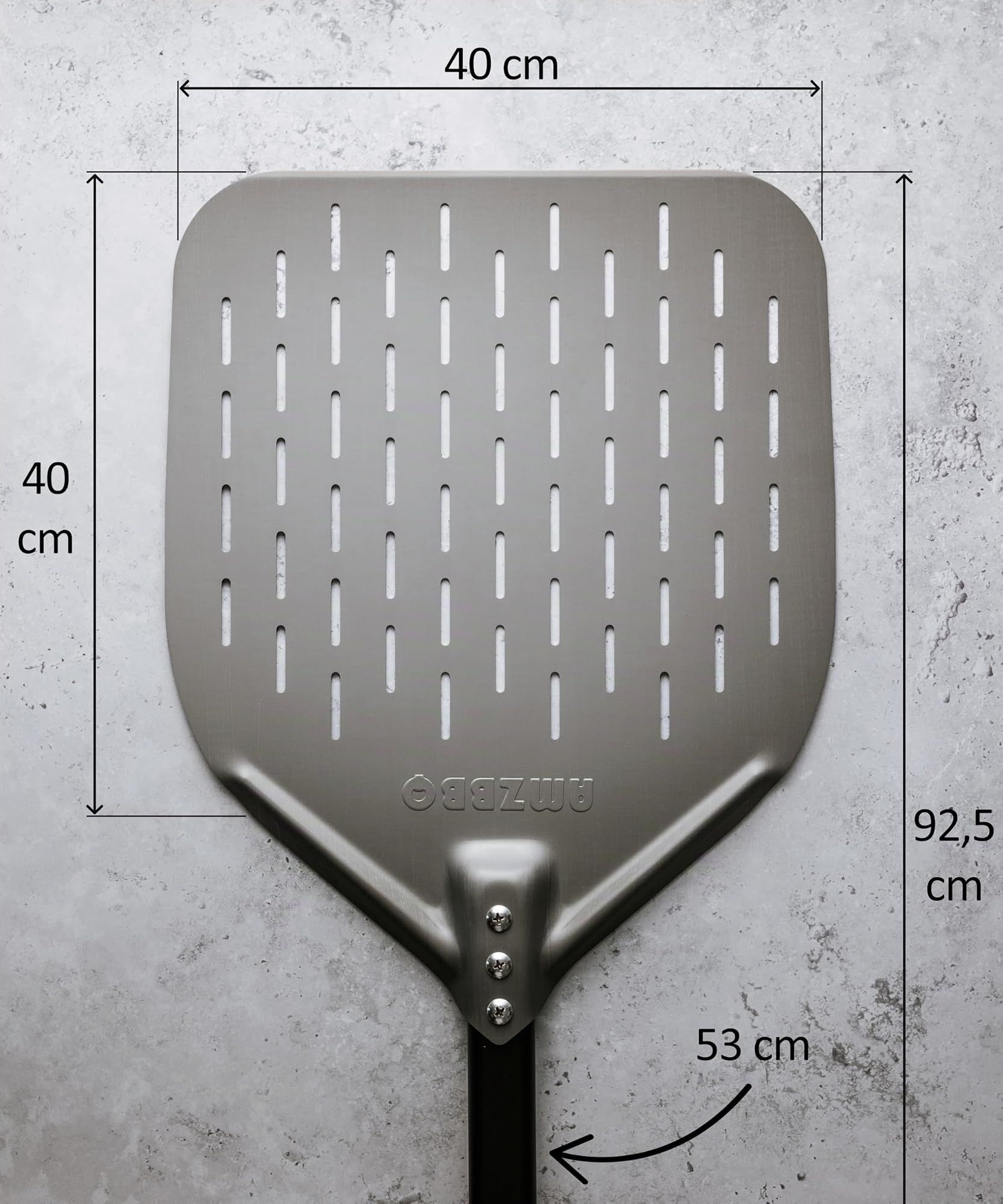AMZBBQ Pelle à pizza de qualité supérieure - [Manche long] - Pelle à pizza perforée en aluminium anodisé dur - Facilite le glissement de la pâte à pizza - Accessoires de barbecue cadeau [Largeur : 40