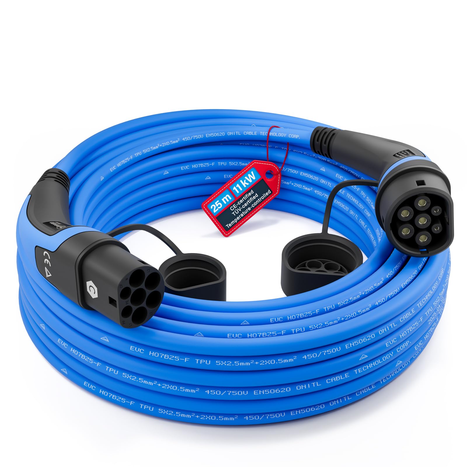 TEUTSCHTECH, cavo di ricarica tipo 2 – 25 m 11 kW 16 A 3 fasi modalità 3 – Cavo di ricarica EV per Wallbox & stazione di ricarica – Auto elettrica & Plug-in Hybrid – con monitoraggio della temperatura