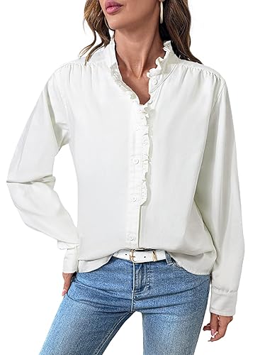 Sidefeel Womens Denim Shirt Button Down Long Sleeve Ruffled Edge