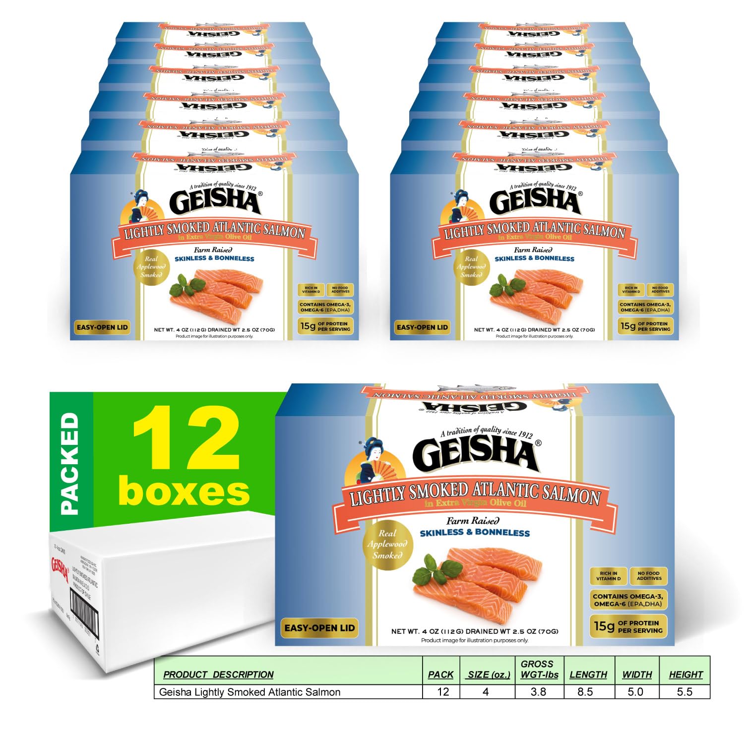 GEISHA Lightly Smoked Atlantic Salmon(Skinless & Boneless) in Extra Virgin Olive Oil 4.00 OZ. (Pack of 12), Farm Raised Chilean Atlantic Salmon | No Trans fat － NON-GMO － BPA NI－Excellent Source of Protein－Ready to Eat －Rich in Vitamin D – Extra...
