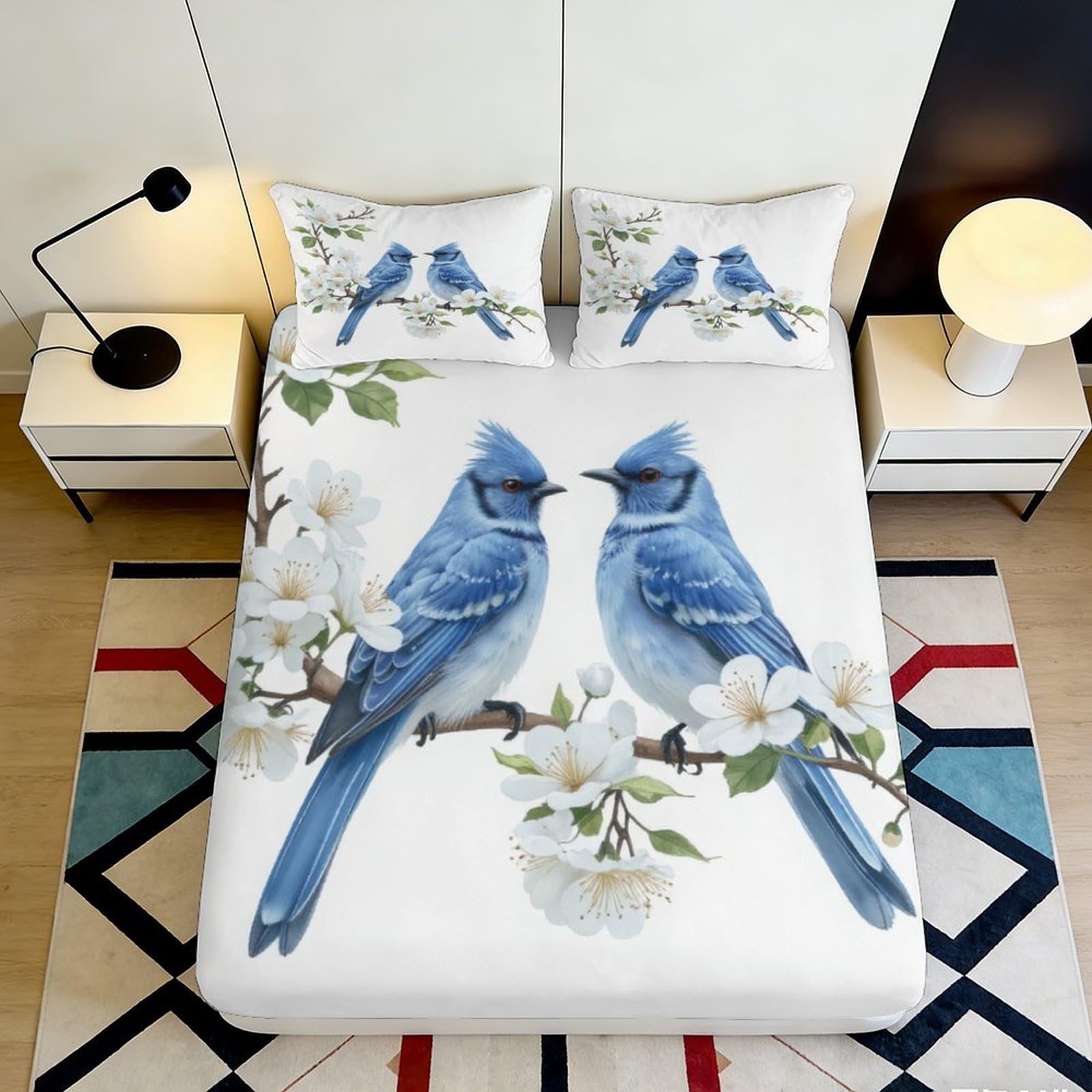 3D Printed Blue Jay Blossom Fitted Sheet Microfiber Soft Anti-Slip Mattress Cover Bedroom Dorm Home Decor Easy Care 90x200x25cm