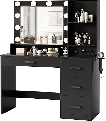 YESHOMY Escritorio de tocador con espejo, toma de corriente y 10 luces, mesa de maquillaje con 4 cajones, 3 modos de color disponibles para Negro