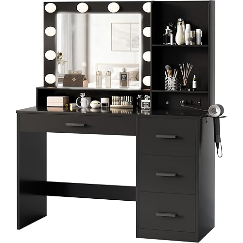 YESHOMY Vanity Desk with Mirror, Power Outlet and 10 Lights, Makeup Table with 4 Drawers, 3 Color Modes Available for Bedroom, Pure Black, 39x15.75x59.41 inch