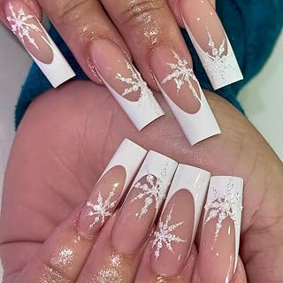 French Tip Press on Nails Long Square Fake Nails with Snowflake Glitter Designs Winter Nails Press ons White Nude Acrylic Nail Glossy Glue on Nail Cute Stick on Nail for Women 24Pcs