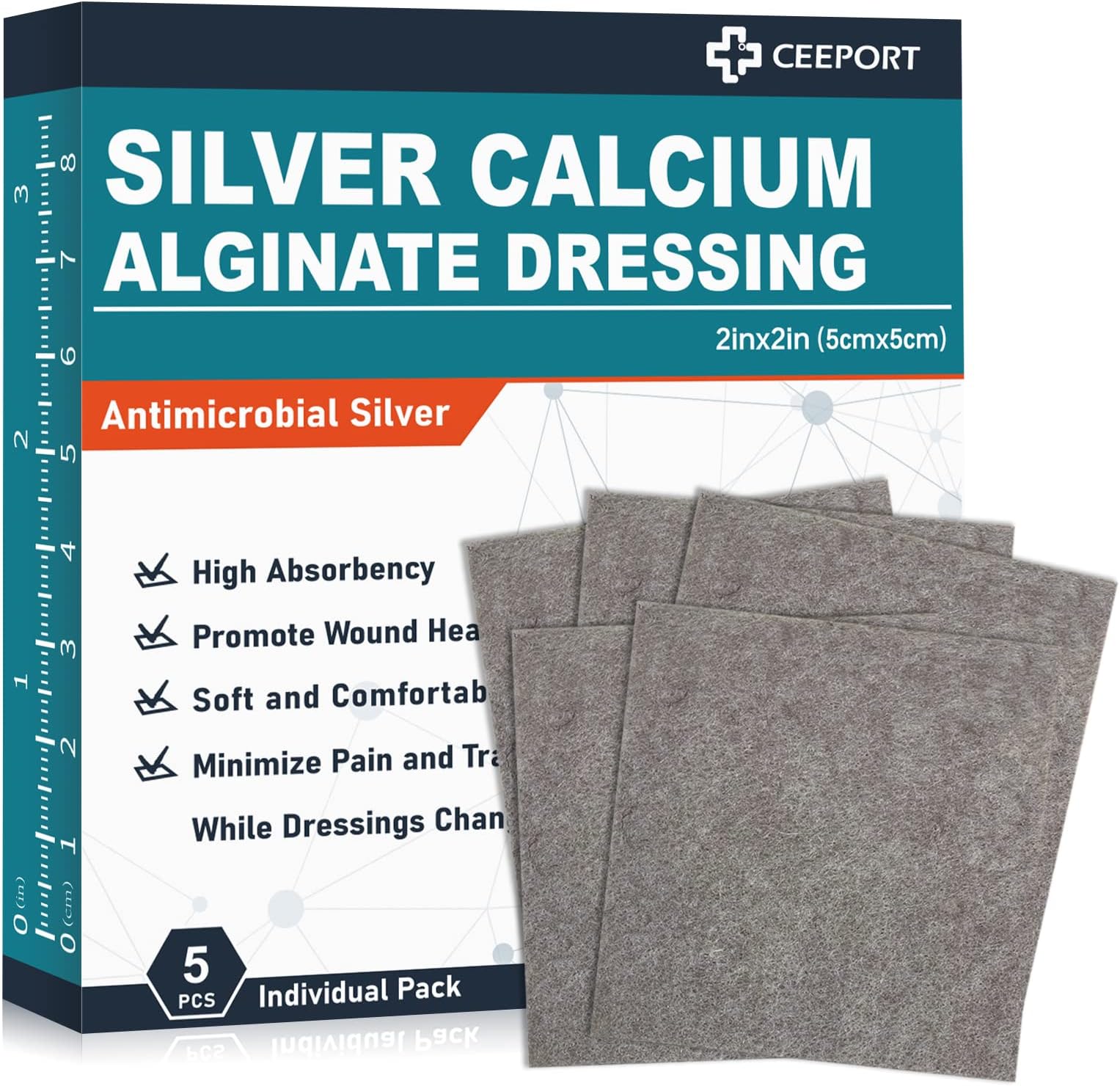 2 "x 2" Ag Silver Calcium Alginate Wound Dressing Pads, 5 Individual Pack Highly Absorbent Painless Removal Dressing, Soft Silver Dressings for Wound Care, Non-Stick Gauze Pads for Wounds