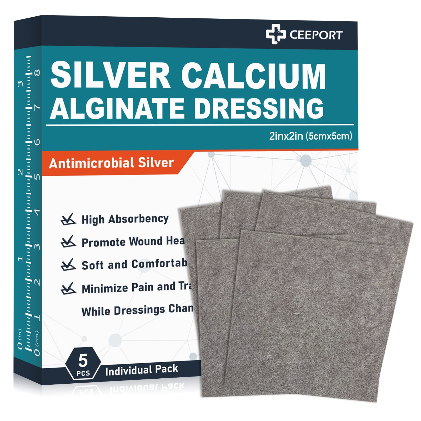 2 "x 2" Ag Silver Calcium Alginate Wound Dressing Pads, 5 Individual Pack Highly Absorbent Painless Removal Dressing, Soft Silver Dressings for Wound Care, Non-Stick Gauze Pads for Wounds