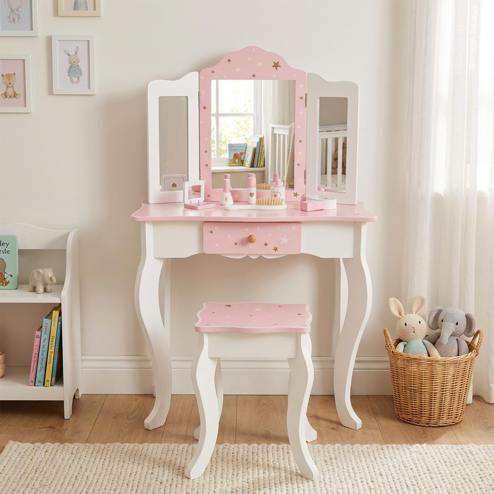 WOODENFUN Rosa Kinder Prinzessin Schminktisch mit dreifachem Klappspiegel, Hocker, Schublade, Make-up-Set, Sternenmuster multifunktionaler hölzerner Schminktisch für Kindergeburtsgeschenk