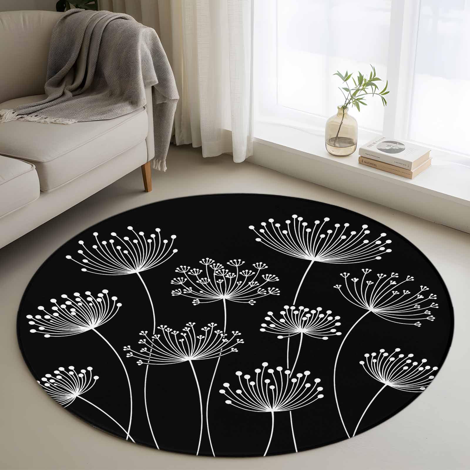 Round Rugs 3ft, Spring Dandelion Non Slip Washable Rug Runner, Modern Country Flower Black White Low Pile Indoor Floor Carpet Mat Bathroom Rugs for Living Room, Bedroom, Kids Room