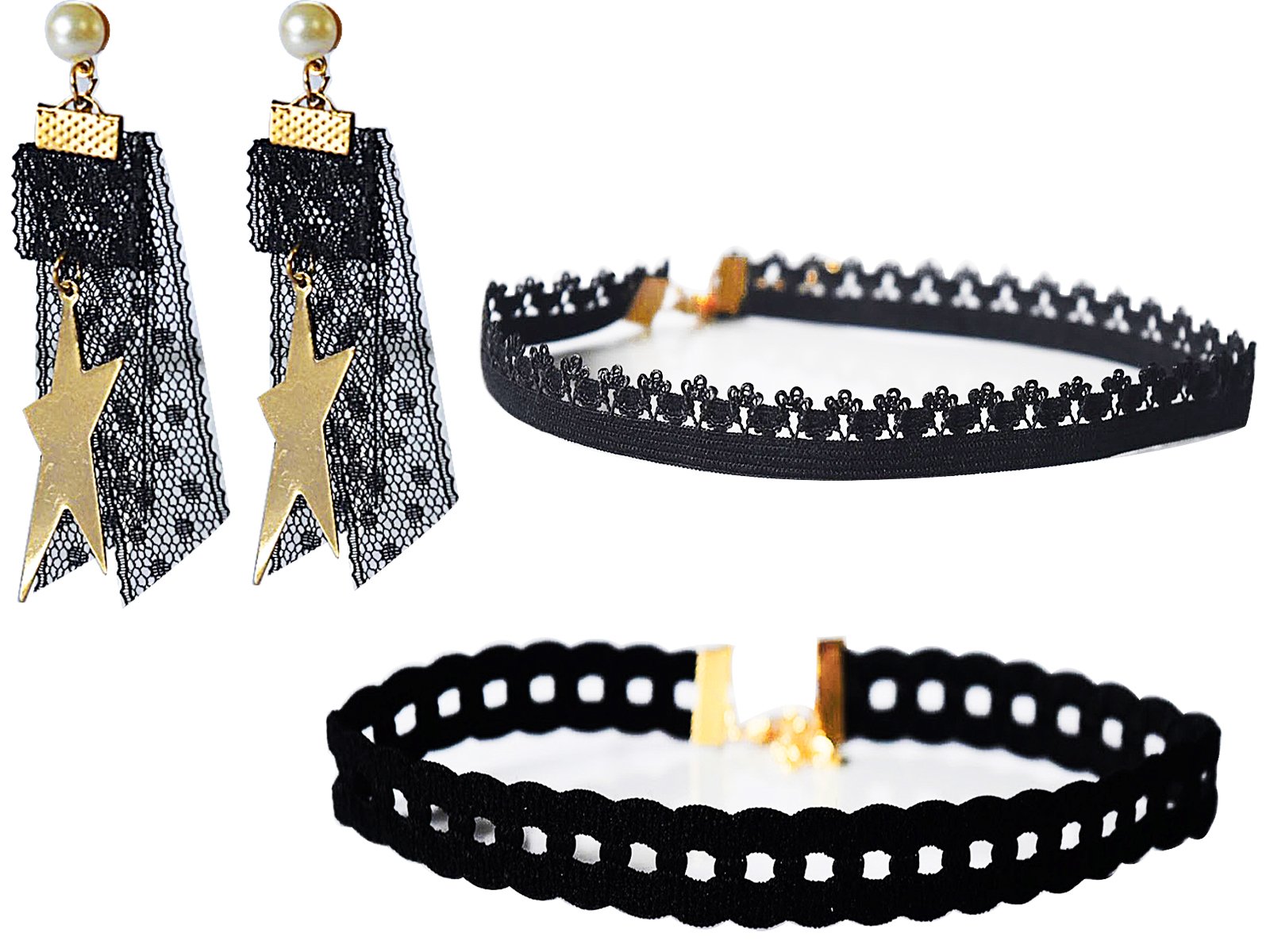 AyA Fashion Combo Designer Black Lace Choker Necklace with Lacy Earrings for Girls and Women | Trendy Set of Three (B079Y55V63) Amazon Price History, Amazon Price Tracker