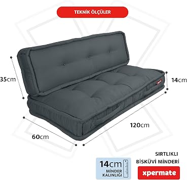 XPERMATE Bisküvi Minder Petek Önü Palet Üstü Minderi Fransız Minder Bank ve Bahçe Minderi 60X120x14 cm (ANTRASİT)