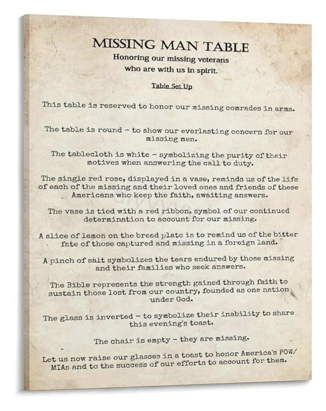 ZDVHOMCB Missing Man Table Poster Solemn Tribute to POWs MIAs and All Who Served Memorial Veterans Day Art Unframed,12x18inch(30x45cm)