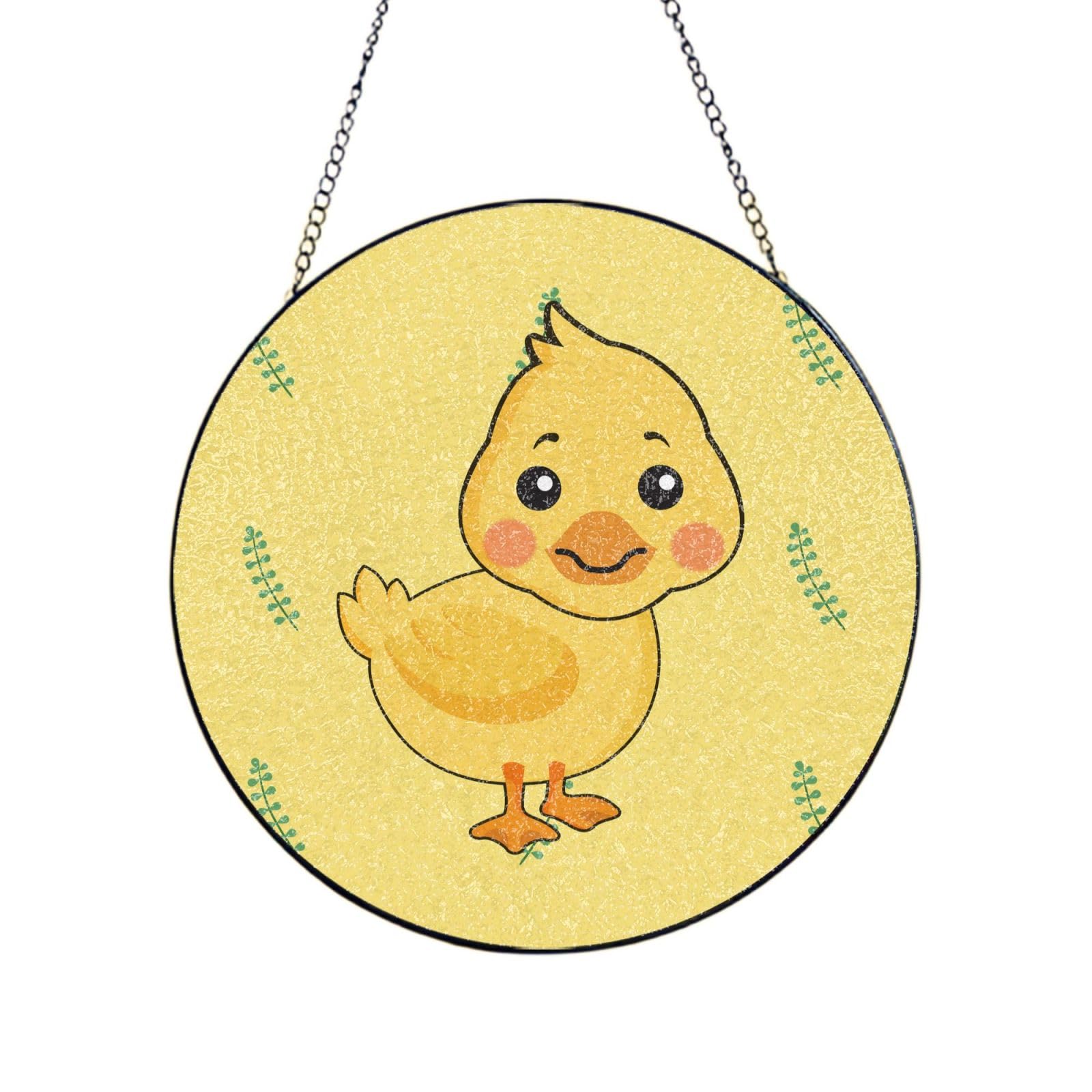 Phayah Cartoon Duck Print Glass Window Hanging Round Suncatcher Glass Ornament Garden Wall Fence Decorations Indoor Outdoor 10in（25cm）