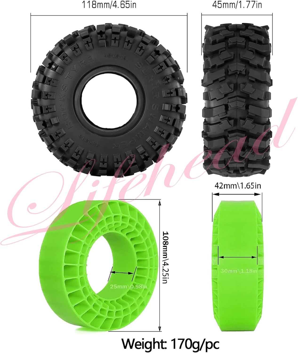 Lifehead 1.9 inch Silicone insert tires - All Terrain Pliable Rubber Tires for 1/10 RC Crawler Car TRAXXAS TRX4 TRX6 Axial SCX10 90046 90047 SCX10 III AXI03007 Tamiya CC01 YK4102/4.6" Outer Diameter
