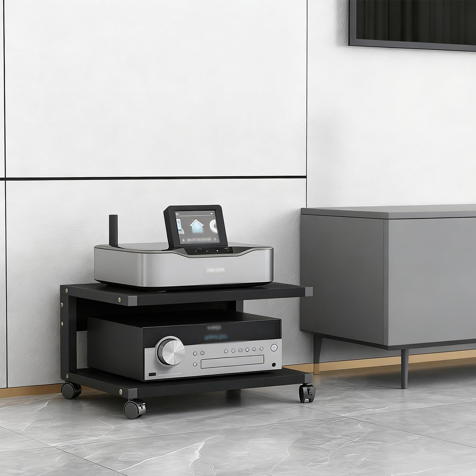 Mobile multimediale video a 2 livelli, con rotelle, rack audio AV, scaffale moderno per TV, piccolo ripiano mobile, adatto per bar di casa, KTV (nero, 50 x 40 x 30 cm)
