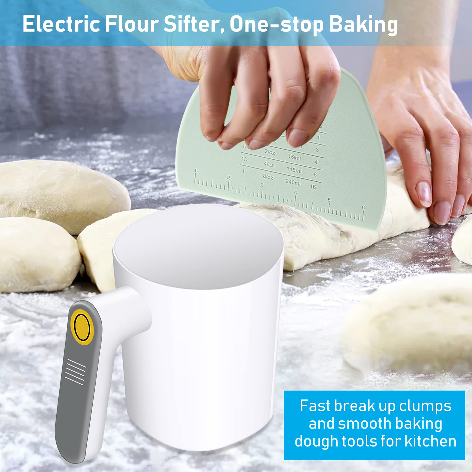 Elektrisches Mehlsieb 1L zum Kochen in der Küche, Backen von Gebäck | Batteriebetriebenes handgehaltenes Mehlsieb mit Teigschaber Backsiebbecher für Puderzucker, Kuchenmehl zum Kochen