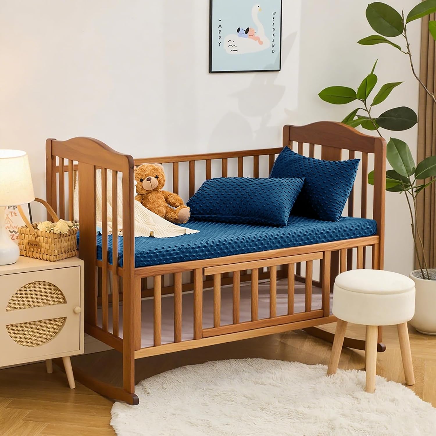 Entisn Baby Crib Sheets 2 Pack, 28 x 52 Inch Minky Dot Fitted Crib Mattress Sheet for Boys, Soft and Warm Fleece Nursery Bedding for Standard Toddler Bed Mattresses (Navy Blue)