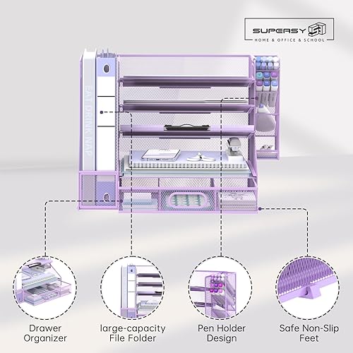 Miniatura 9 de SUPEASY Organizador de escritorio con soporte para archivos, organizador de bandeja de papel de malla de 5 niveles con soporte para bolígrafo y