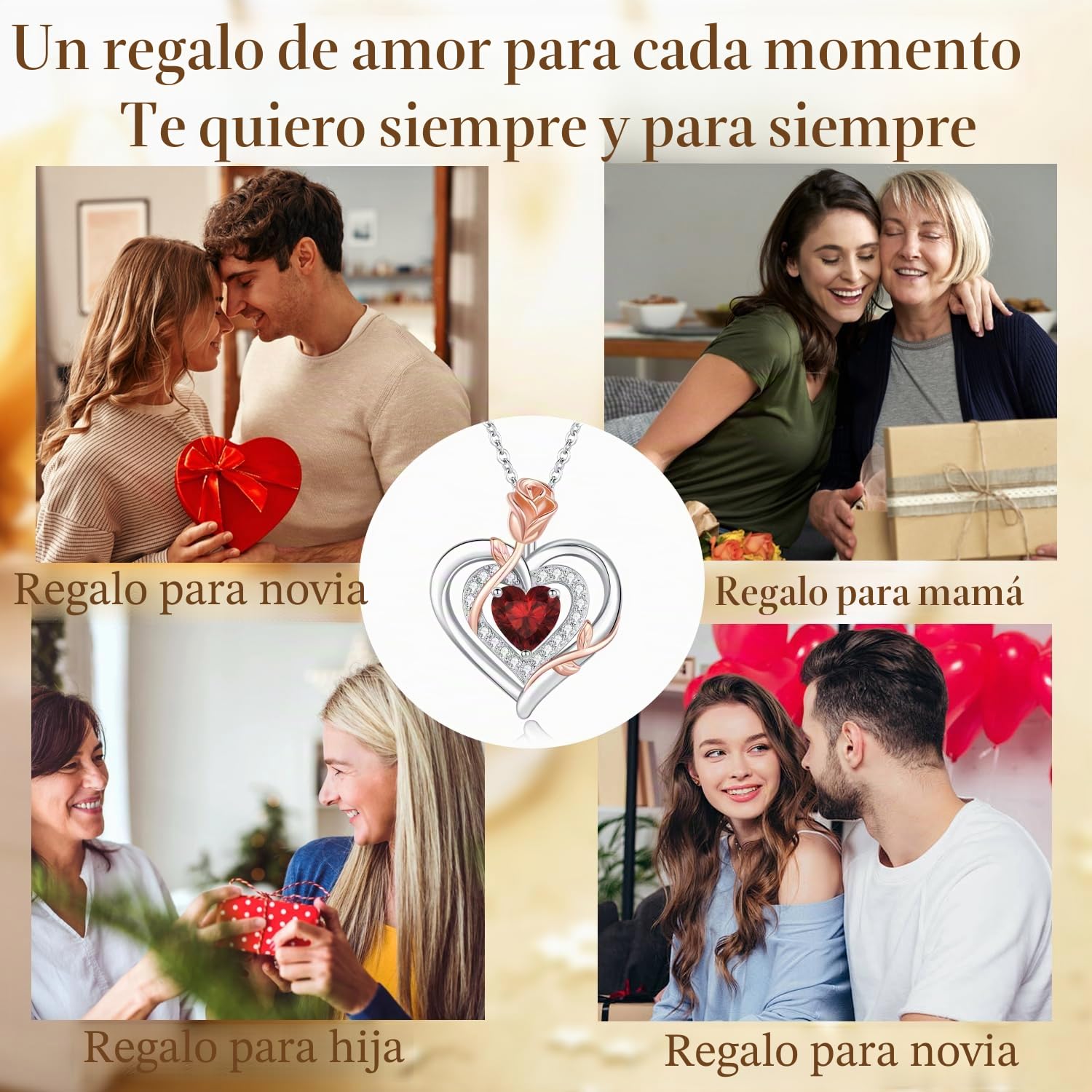 LAVUMO Collar Mujer Plata Doble Corazón Rosa Flor Colgante Regalo Mujeres