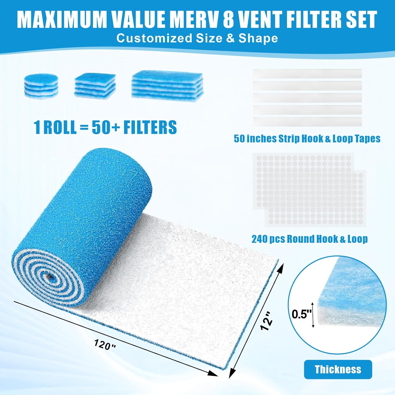 Air Vent Filters Roll, 120" x 12" Cut to Fit Air Filter Material (50+ Filters), MERV 8 Triple Vent Filter for Home Floor, HVAC Furnace Vents, Ceiling, with Adhesive Hook Tape and Installation Tape - Image 3