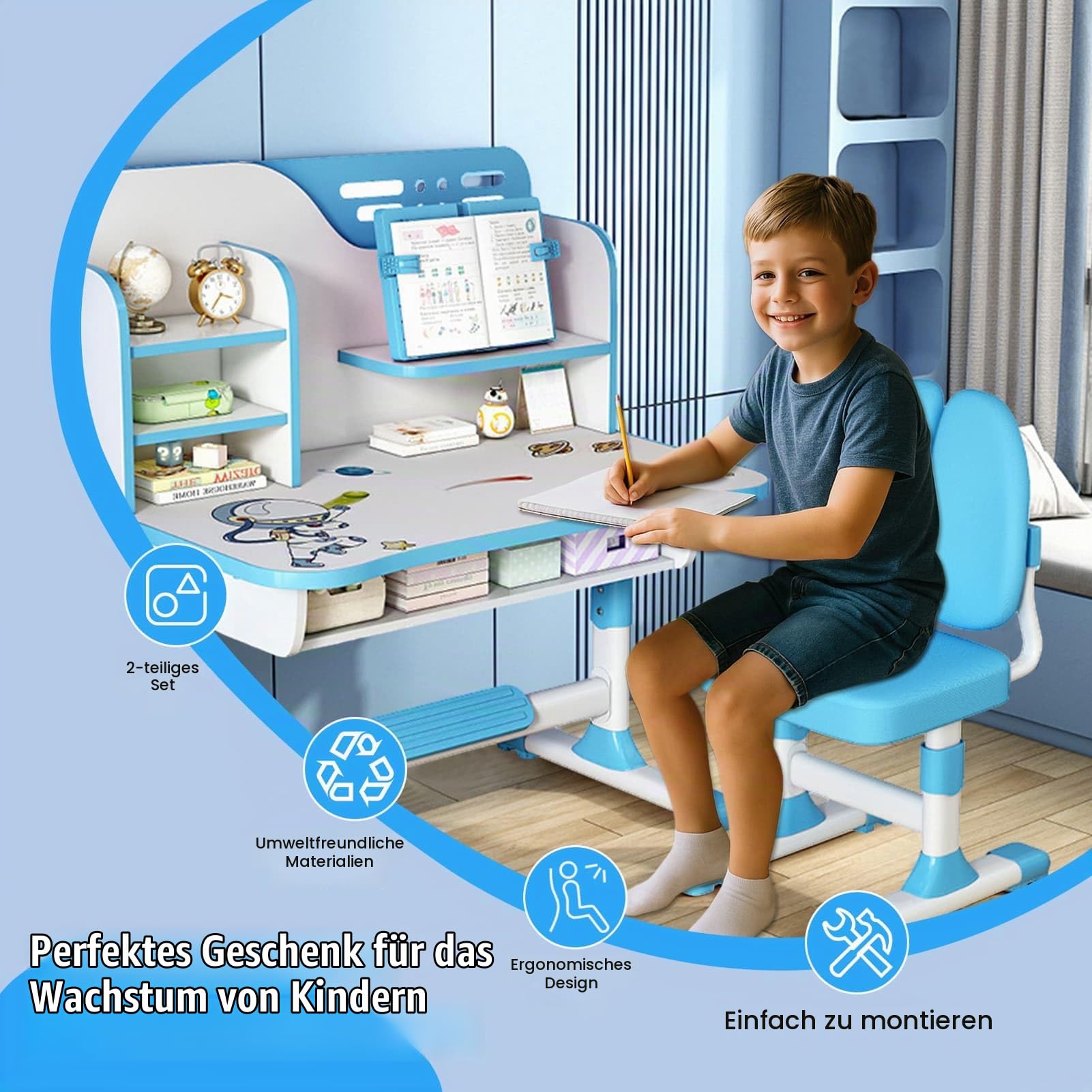 Höhenverstellbarer Kinderschreibtisch und Stuhl Set ab 3 Jahren, Schreibtisch Kinder mit Schublade und Bücherregalen, Kinder Schreibtisch für Hausaufgaben, Malen und Bastelarbeiten (Blau 5)