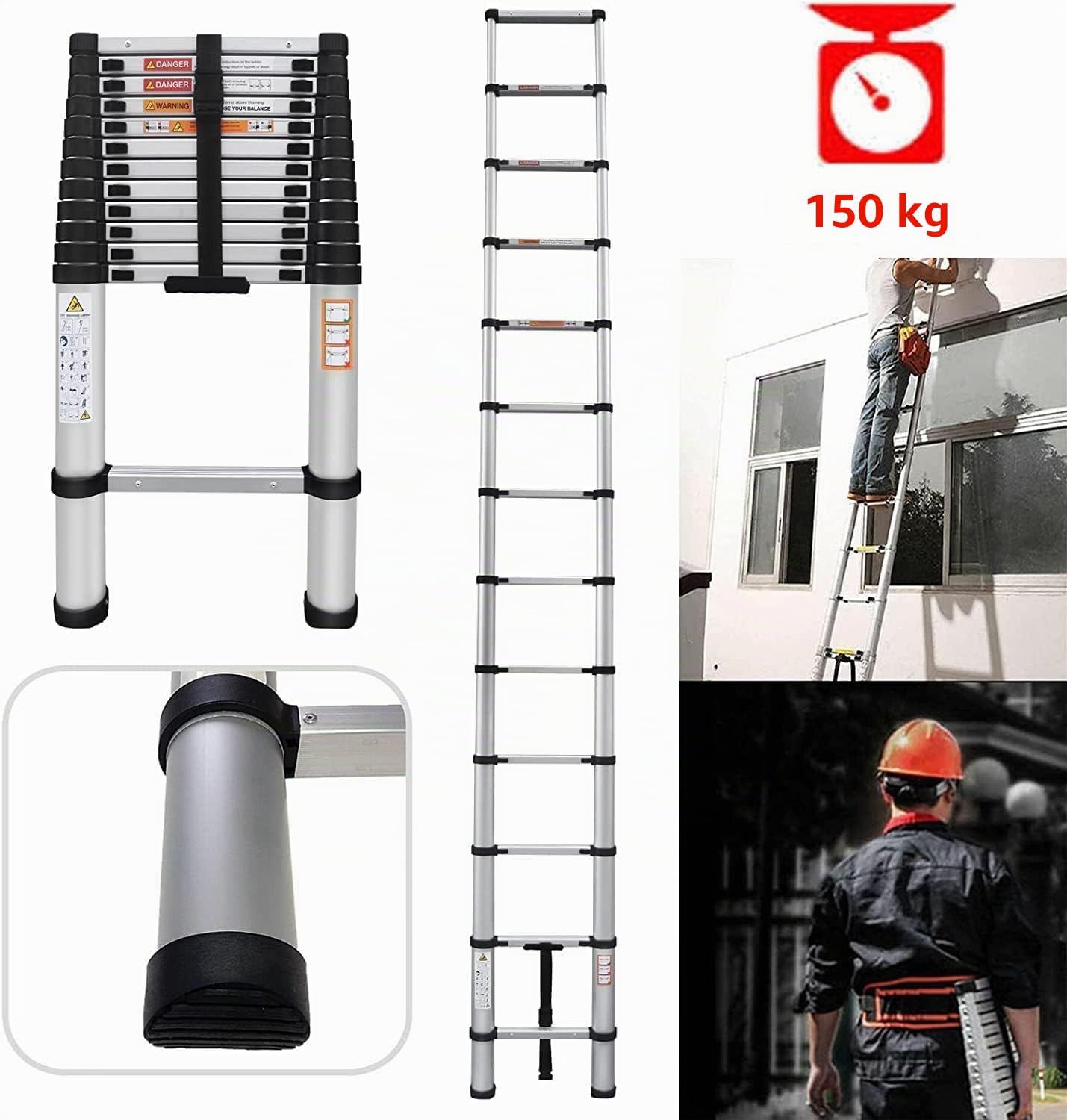 Escalera telescópica y Plegable de Metal, Carga máxima 150 kg (3,79 m)