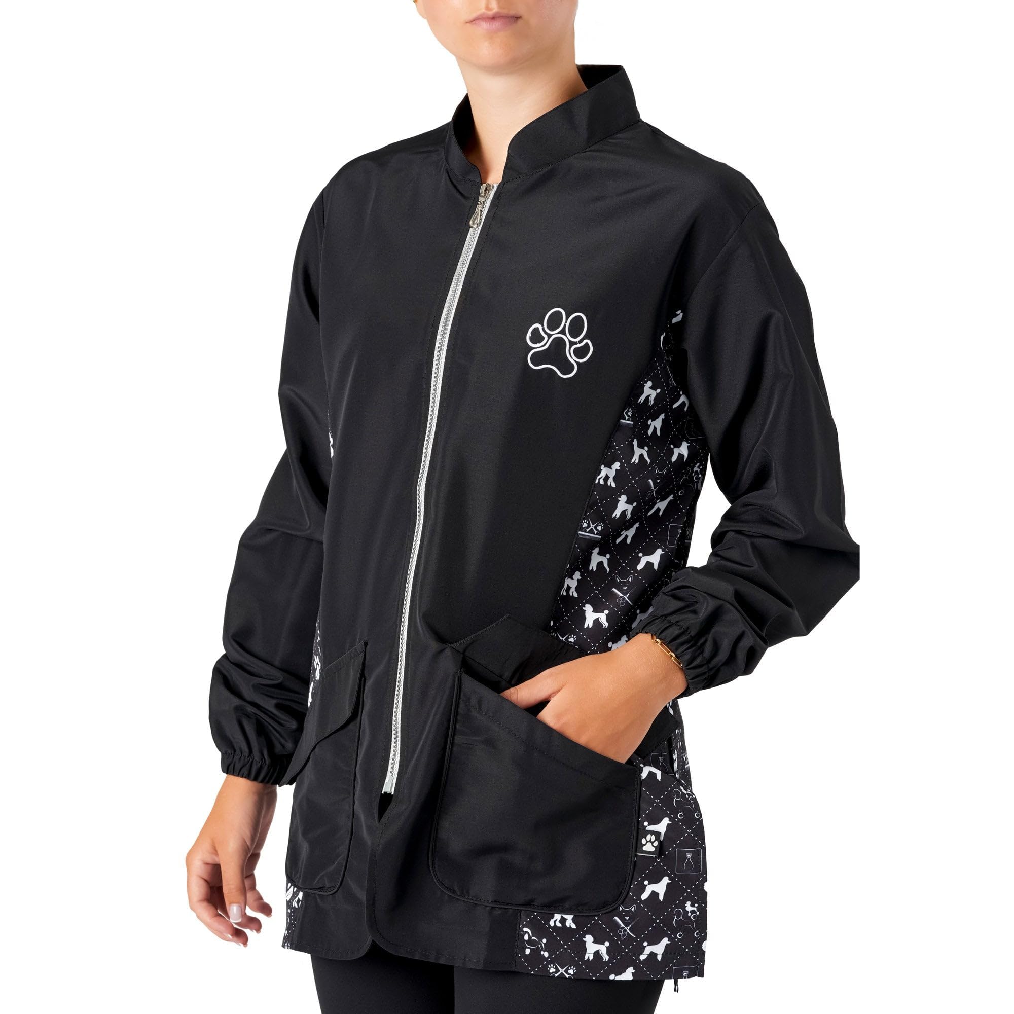 Groomers Mandarin Collar Zip Up Dog Grooming Tunic/Long Sleeve Jacket - Pet Hair Resistant/Quick Drying Workwear - Penny Poodle Design - Black/Bling - Medium