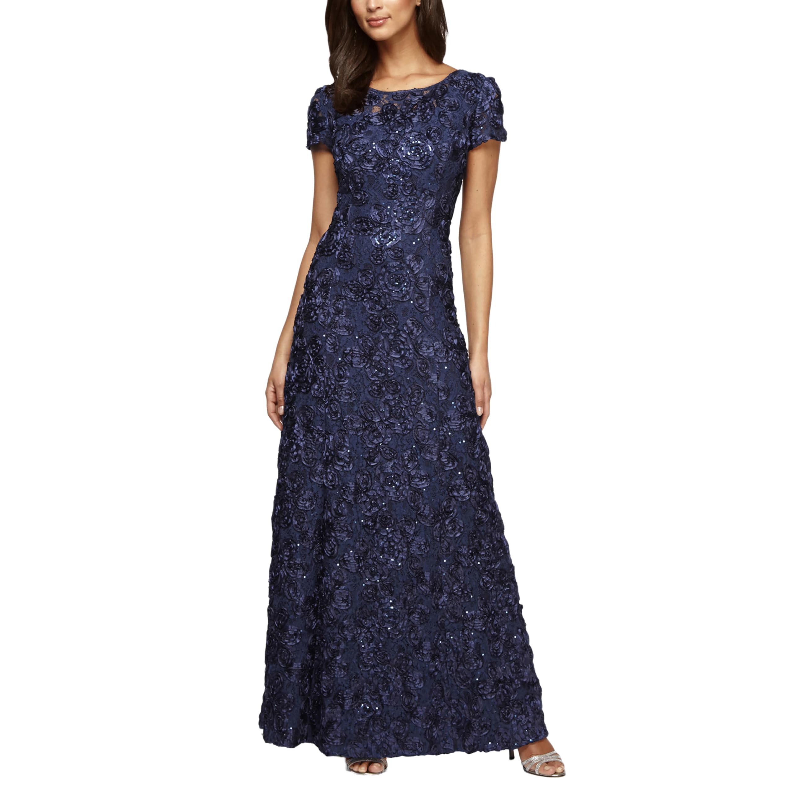 Alex Evenings Women's Long Rosette Lace Cap Sleeve Gown Special Occasion Dress, Navy, 10