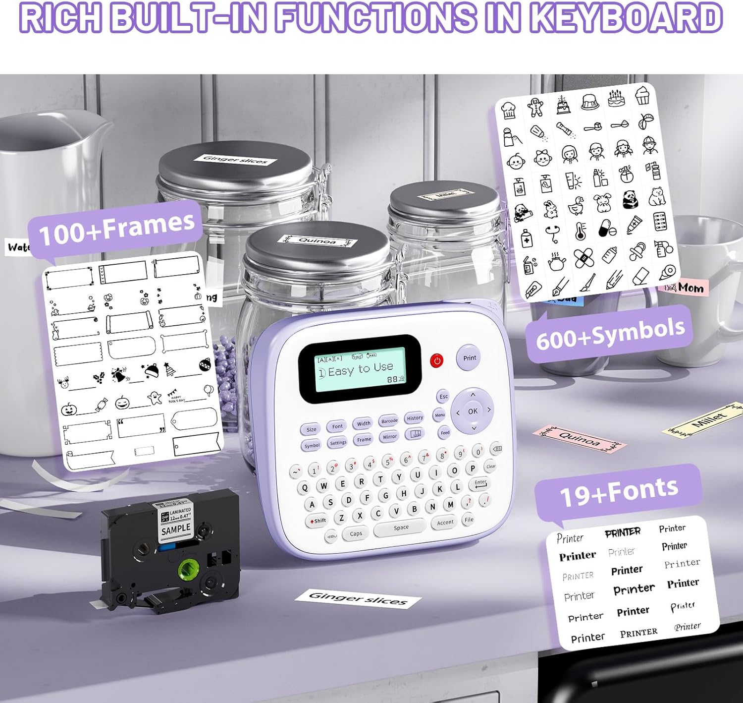 Label Maker Machine with-Tape Waterproof, Purple Portable Label Maker for Teachers Kids Classroom Use, Desktop Labeler with Multiple Symbols &Fonts for Home Office School Use, D210S