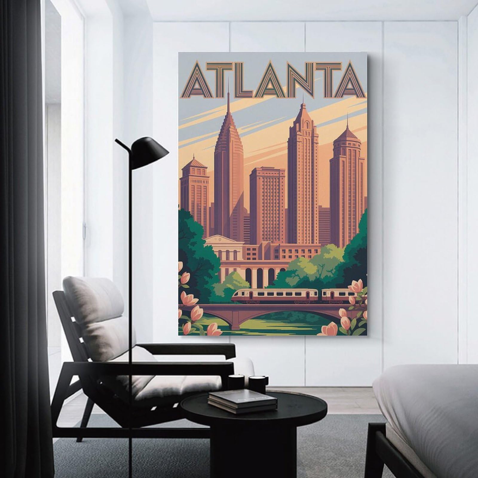 Junmoney Atlanta Skyline with Train Home Decor Wall Art, 12x18inch(30x45cm), for Apartment Walls, Studios Or Work Areas, Wall Decor with Flexible Room Appeal