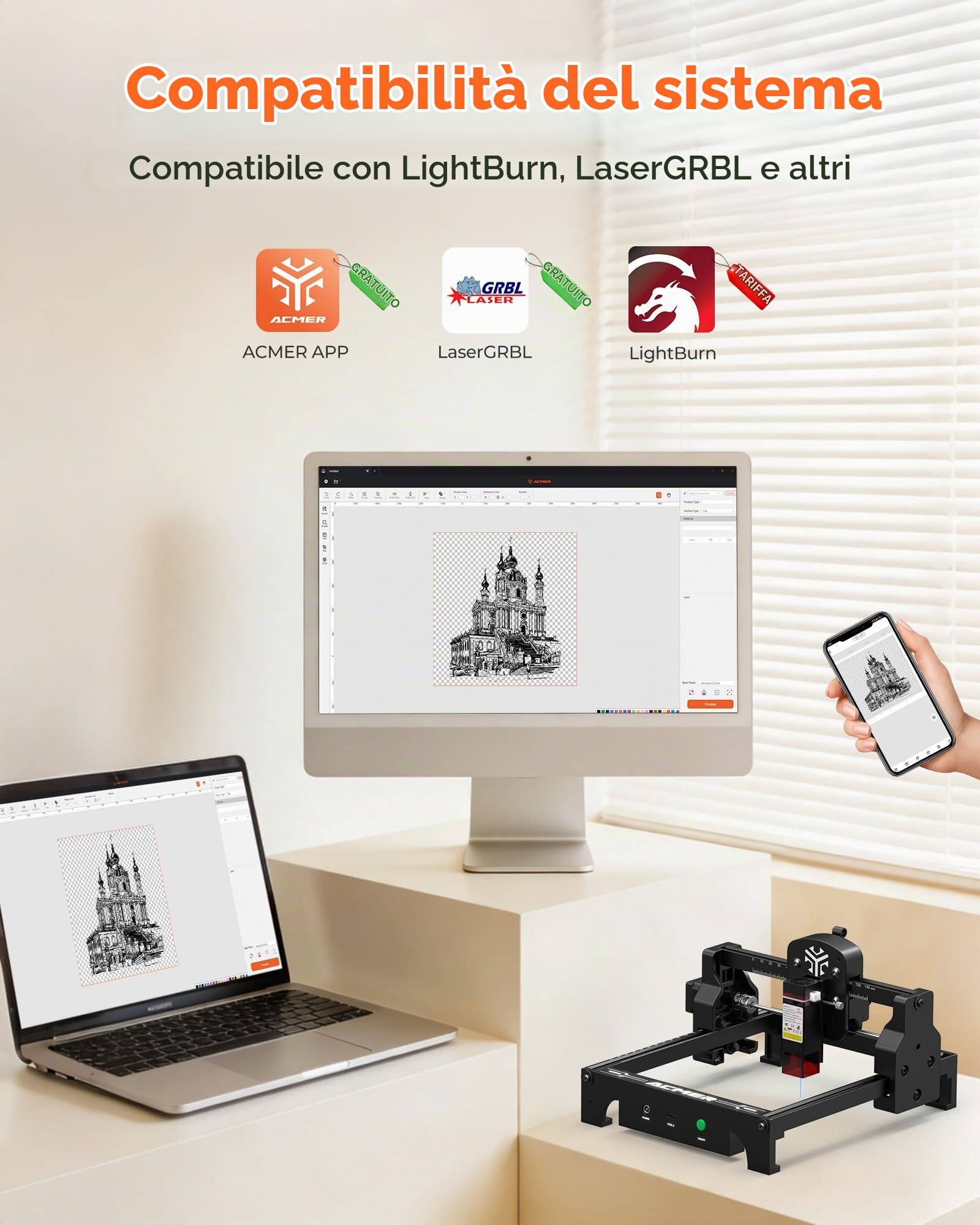 Acmer T1 Macchina per incisioni laser 2.5W, Mini incisore laser portatile, Laserschneider ad alta precisione di 0,01 mm, Area di lavoro 130 X 130 mm, Laser Cutter per legno, pelle, vetro, metallo e