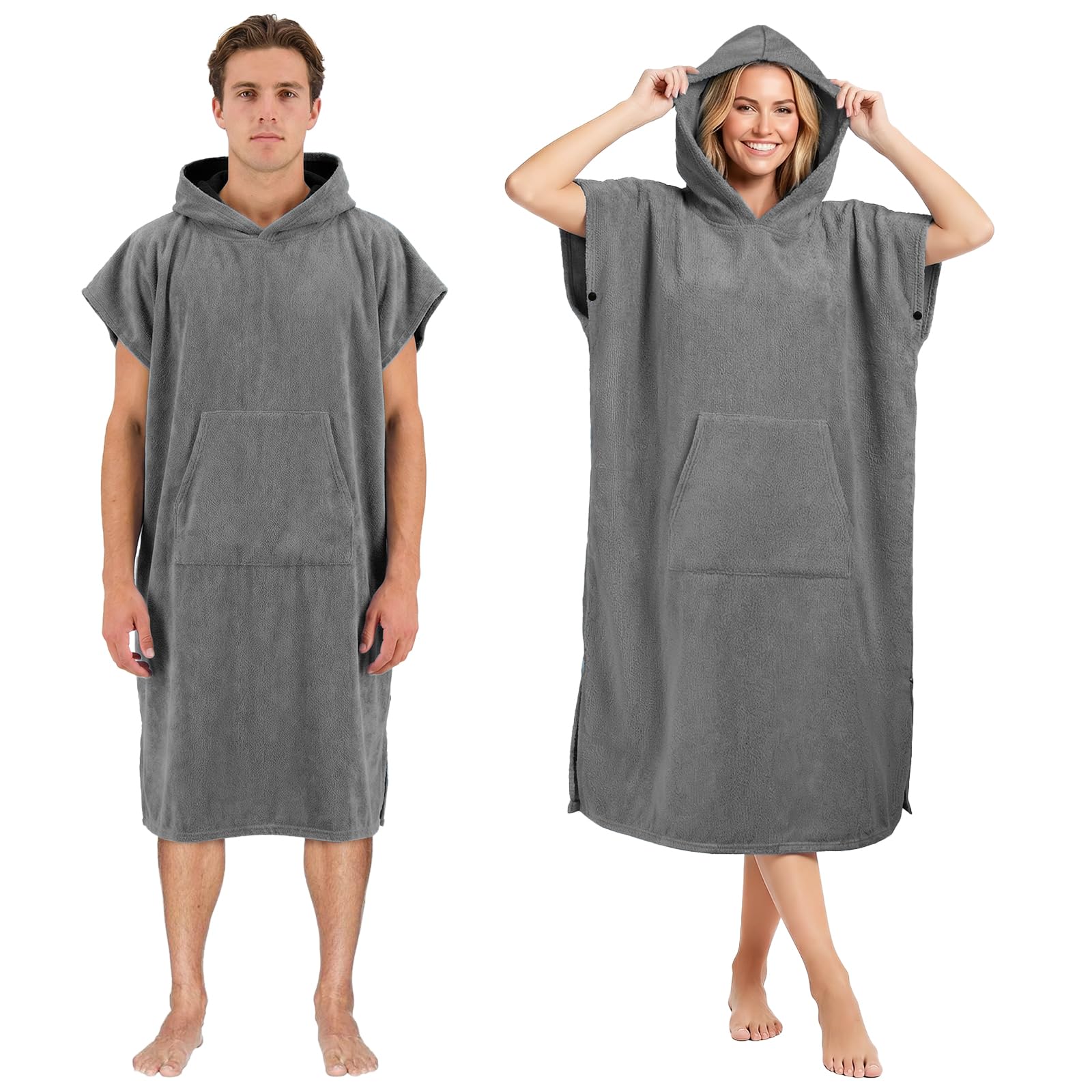 AUYAO Poncho Surf, 110cmX78cm Poncho de Toalla con Capucha para Adultos, Capa Cambiarse, Microfibra de Secado Rápido, Toalla Poncho con Bolsillos Unisex Ideal para Vacaciones Surf Playa, Gris Claro