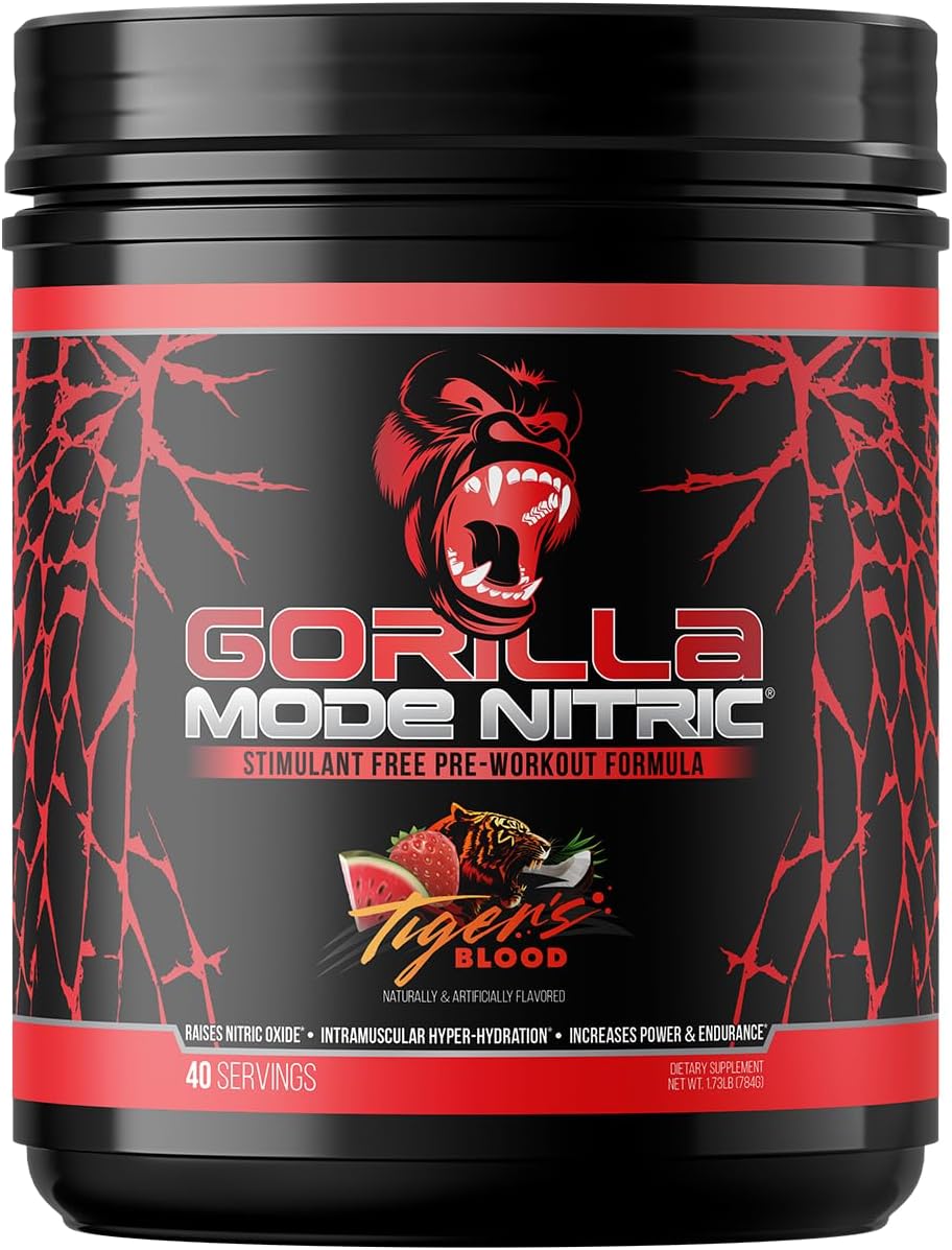 Gorilla Mode Nitric Upgraded Stimulant Free Pre-Workout – Best Tasting and Most Effective Stimulant Free Pre-Workout/Massive Pumps · Vasodilation · Power / 784 Grams (Tigers Blood)