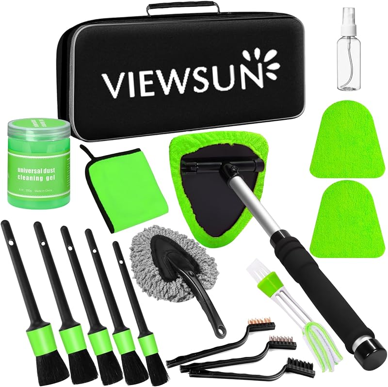 Green Windshield Cleaner Tool, 17Pcs Car Interior Cleaning Kit, Detailing Kit Interior Cleaner, Car Detailing Brushes, Cleaning Gel, Inside Cleaning Accessories for Trucks, SUVs, RVs Window