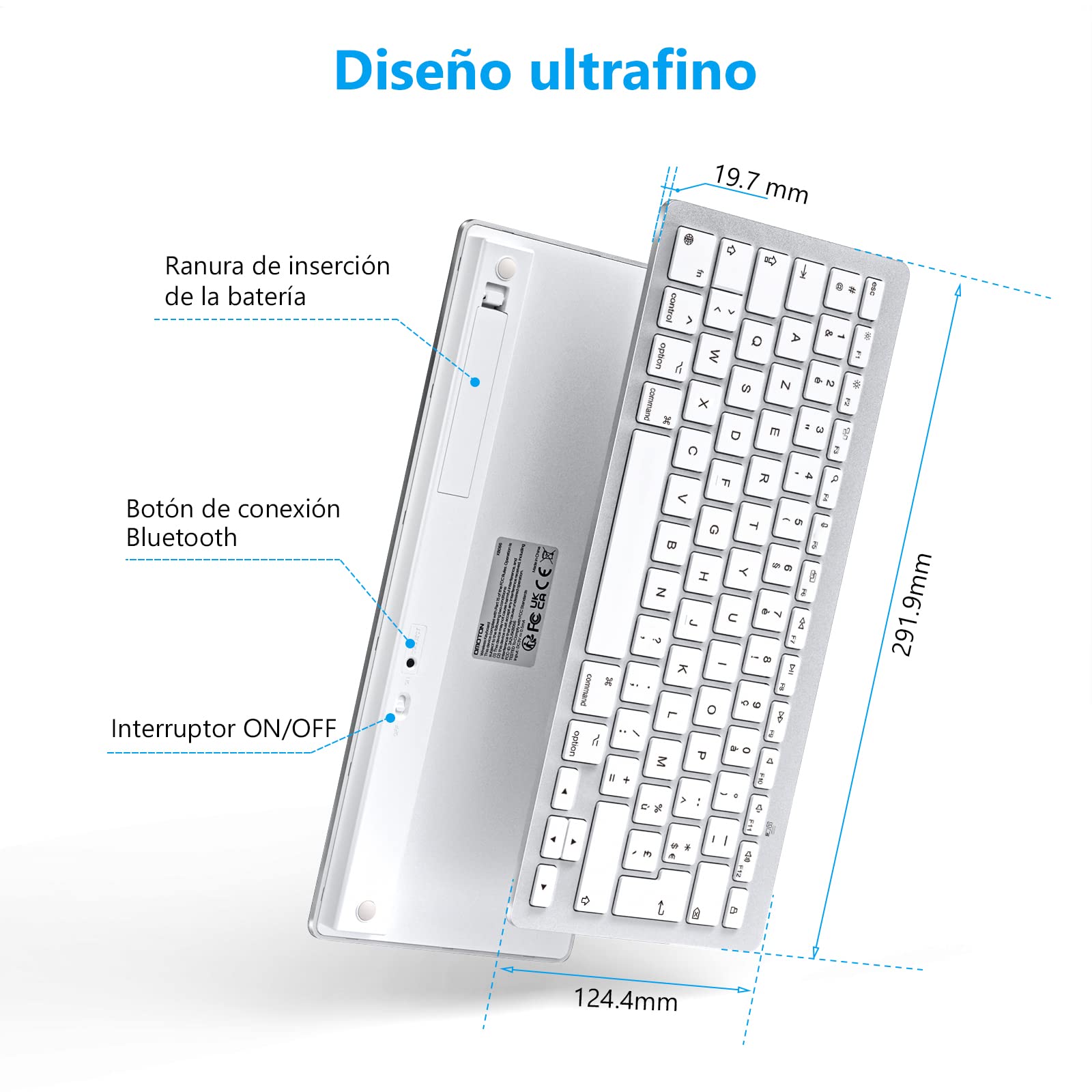 OMOTON Teclado Bluetooth para Mac Teclado inalámbrico para Apple MacBook Pro 13 14 16/ Air/Mini, iMac, iMac Pro, Mini, QWERTY Español Layout, 2*AAA Battery, Diseño específico para Mac, Plata