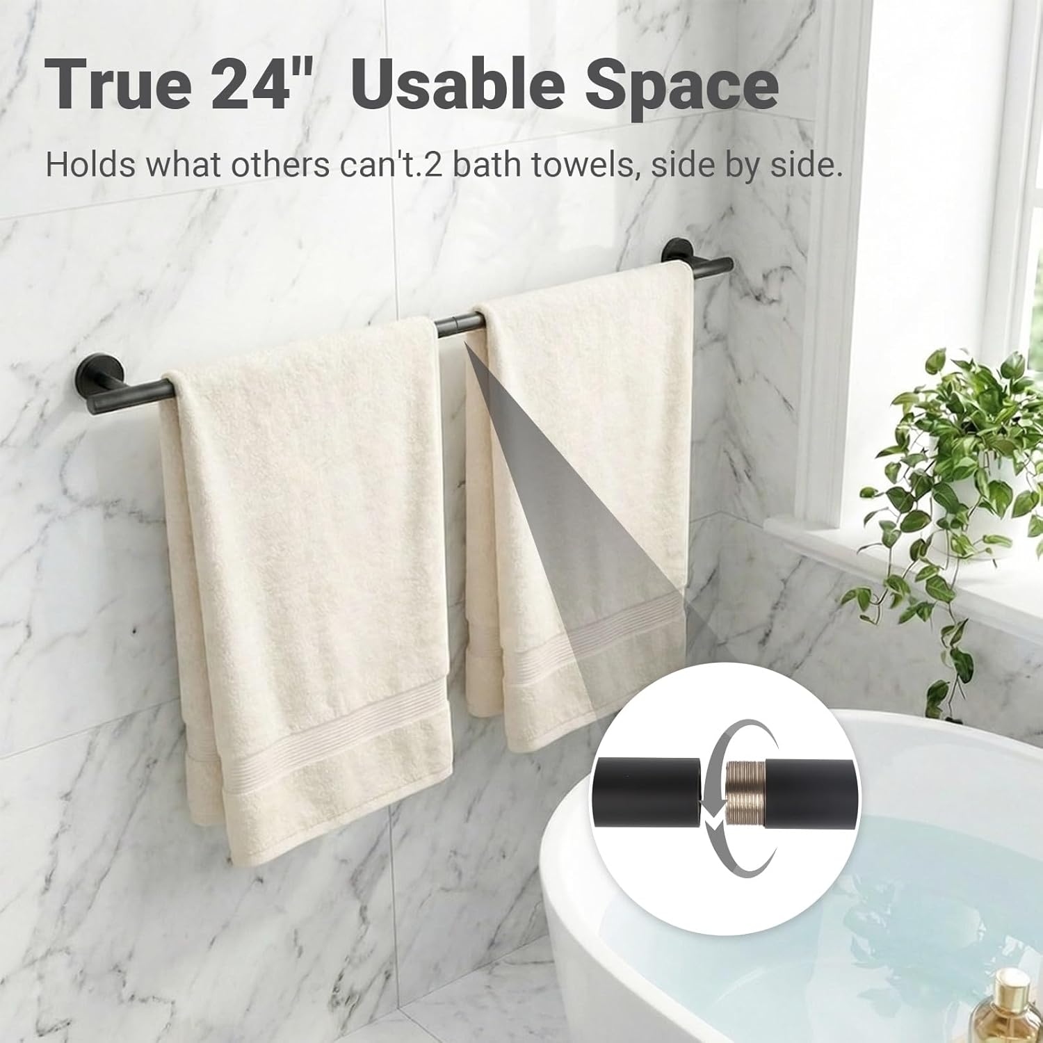 24 Inch Usable Towel Bar, 5-Piece Matte Black Bathroom Accessories, SUS304 Stainless Steel Towel Ring Holder, Toilet Paper Holder with 2 Hooks, Wall Mounted Modern Bathroom Hardware Set
