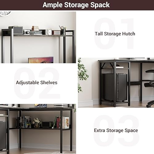 Miniatura 21 de Unikito Escritorio para juegos en forma de L con tira LED y tomas de corriente, escritorio reversible en forma de L con estantes de almacenamiento,