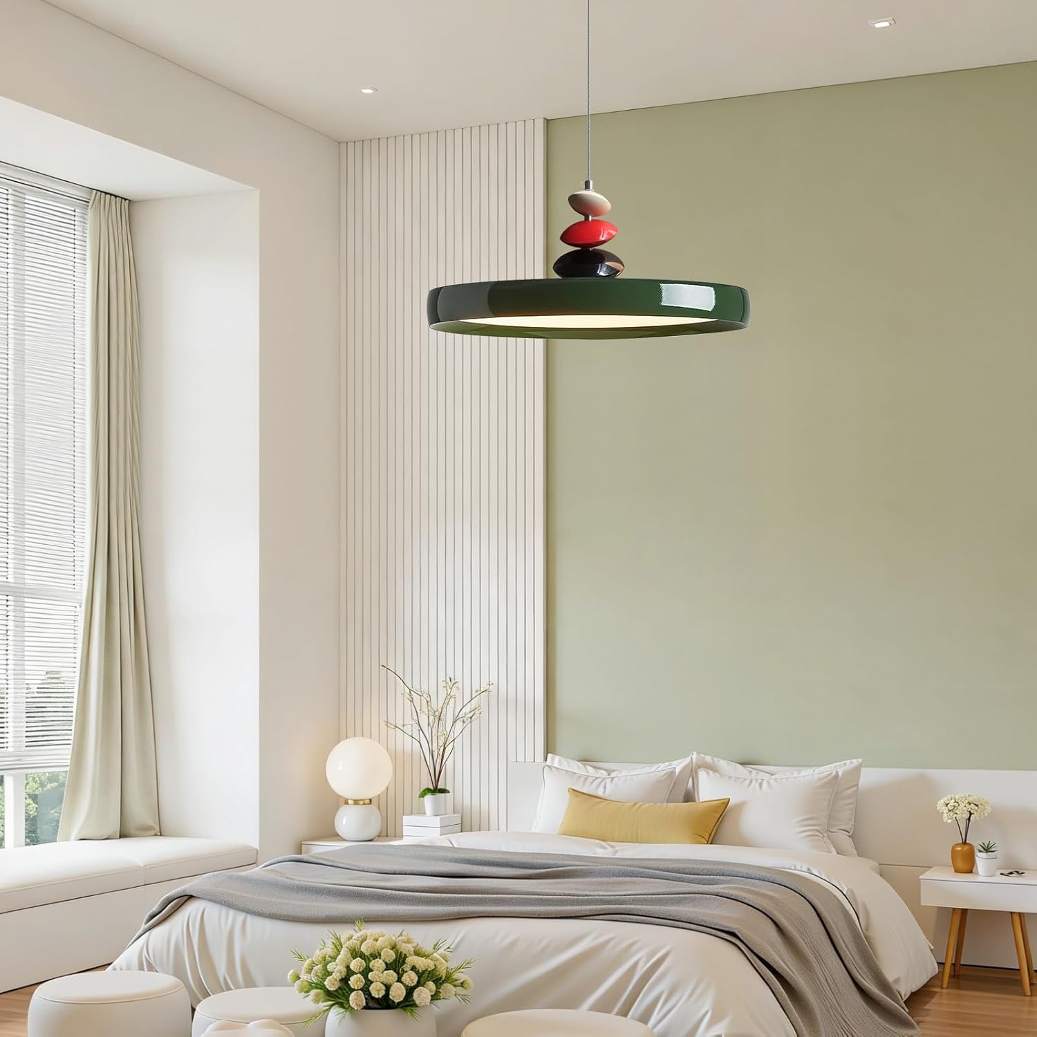 Mikeru Modern Pendant Lights, 15.8" Vintage Green Pendant Lighting Fixture with Remote Control Dimmable 3 Color Mode & Brightness Mid Century Island Light Fixture for Dining Room,Kitchen,Living Room