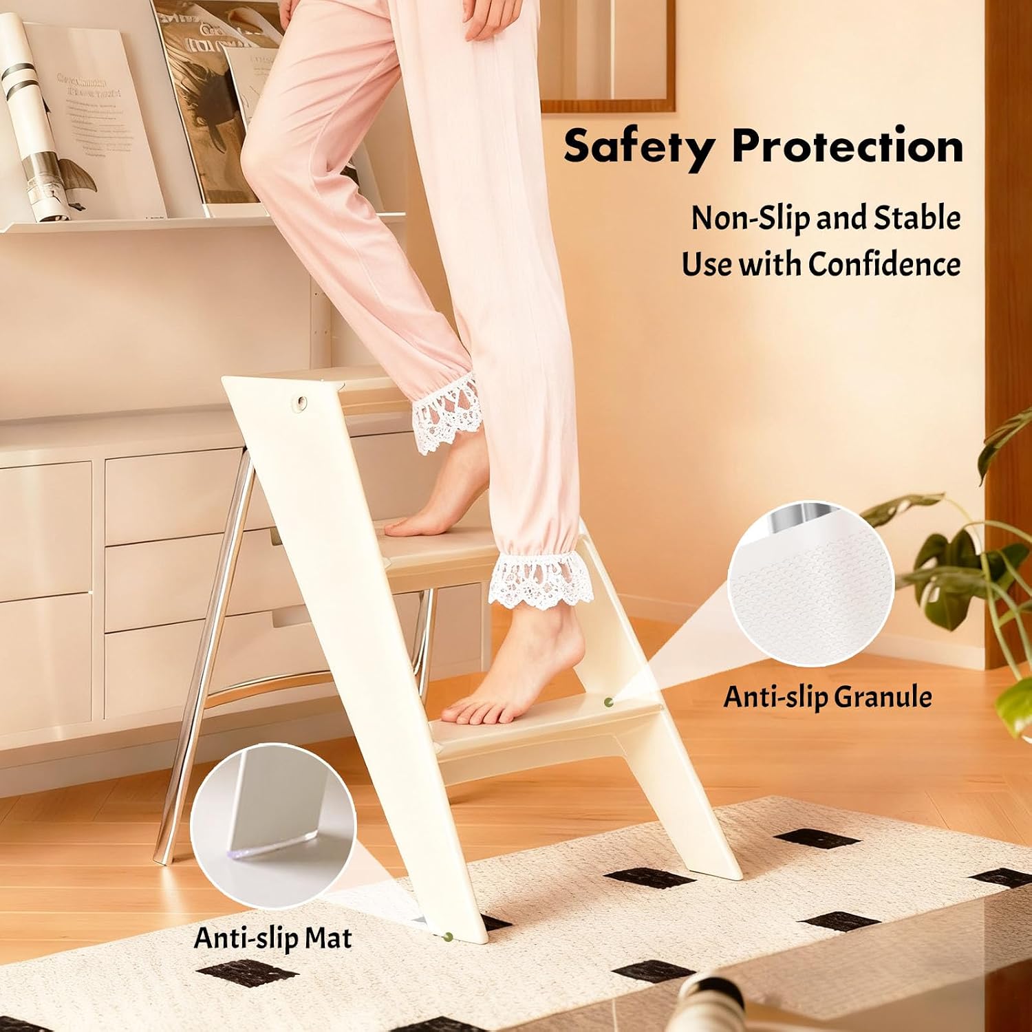 Acrylic 3 Step Ladder Folding Step Stool for Adults Foldable Small Step Stool Ladder for Kitchen Plastic Stepladder Modern Collapsible Ladder for Closet Home Bathroom Indoor (White)