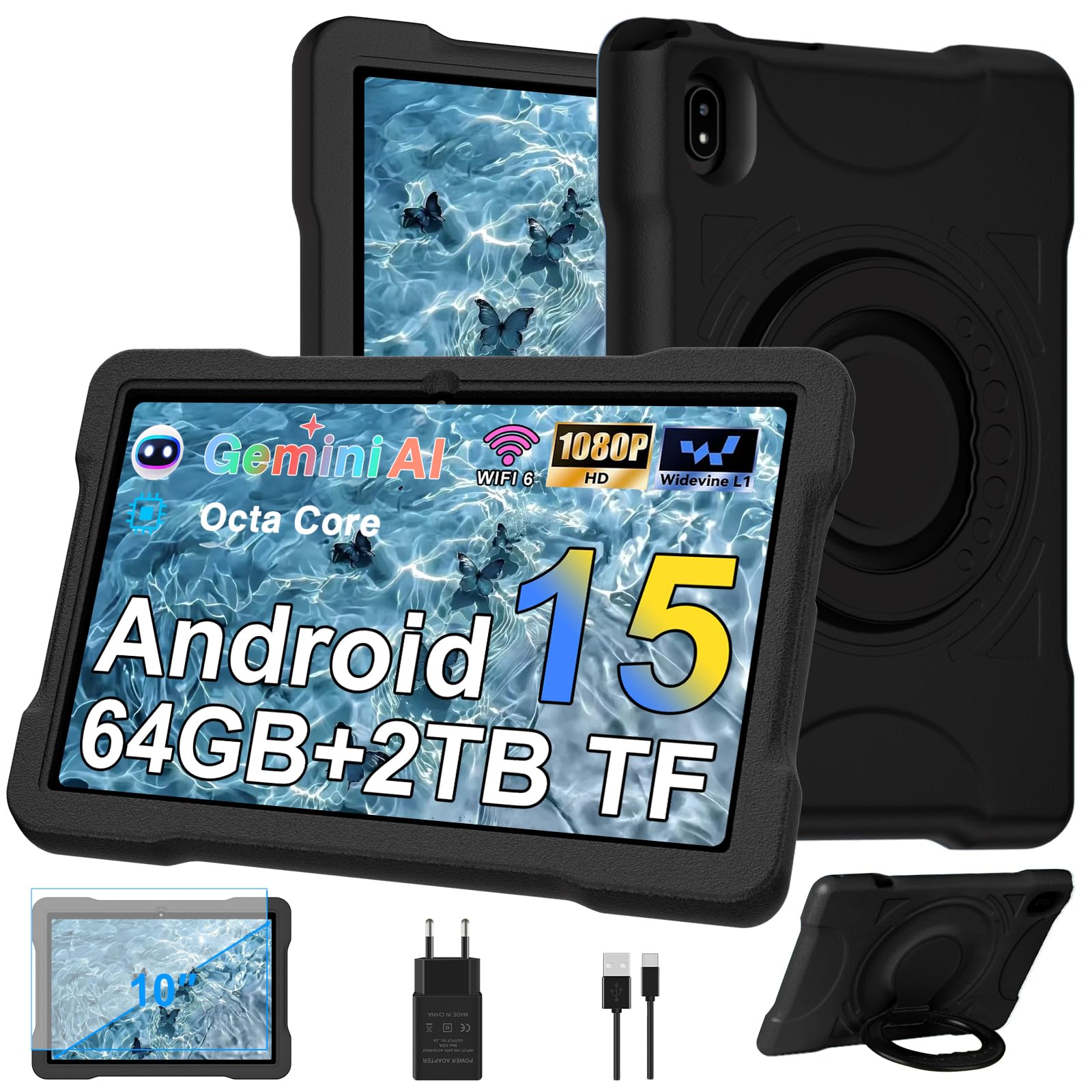 Tablet 10 Pollici Android 15 con 30GB RAM+TF 2TB, Octa-Core 2.0 Ghz, Gemini AI/Widevine L1, 5G WiFi/Bluetooth 5.0,1080*800/5MP+8MP, 2026 Newest Tablet Bambini con Caso EVA+Staffa girevole a 360°-Nero