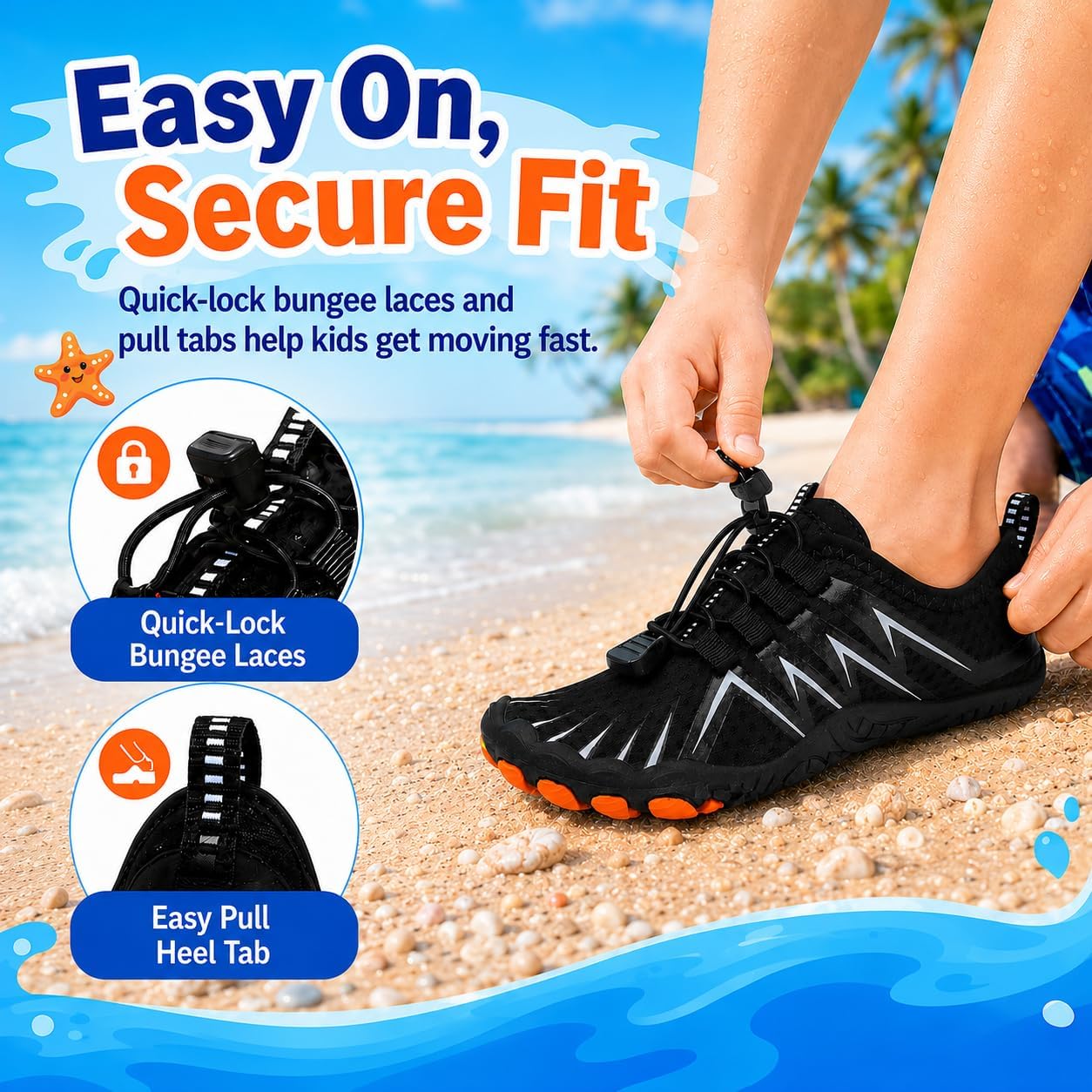 Kids Water Shoes for Boys & Girls - Quick-Dry Toddler Aqua Socks with Non-Slip Sole & Toe Protection for Beach, Pool, Swim & Outdoors AQUASA35-BLACK-30