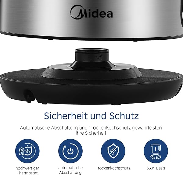 Midea Wasserkocher Edelstahl 1.7L, BPA-freier Wasserkocher, 2200W Schnellkochfunktion, Kettle mit Wasserstandsanzeige, LED-Leuchtanzeige, 360°-Basis, Trockenlaufschutz, MKE17M1ADS - 5